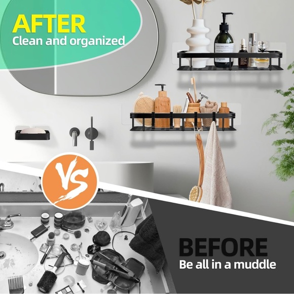 New 3-Pack Bathroom/Kitchen Shelves with Hooks, No Drilling, Large Storage/Black - Picture 3 of 12